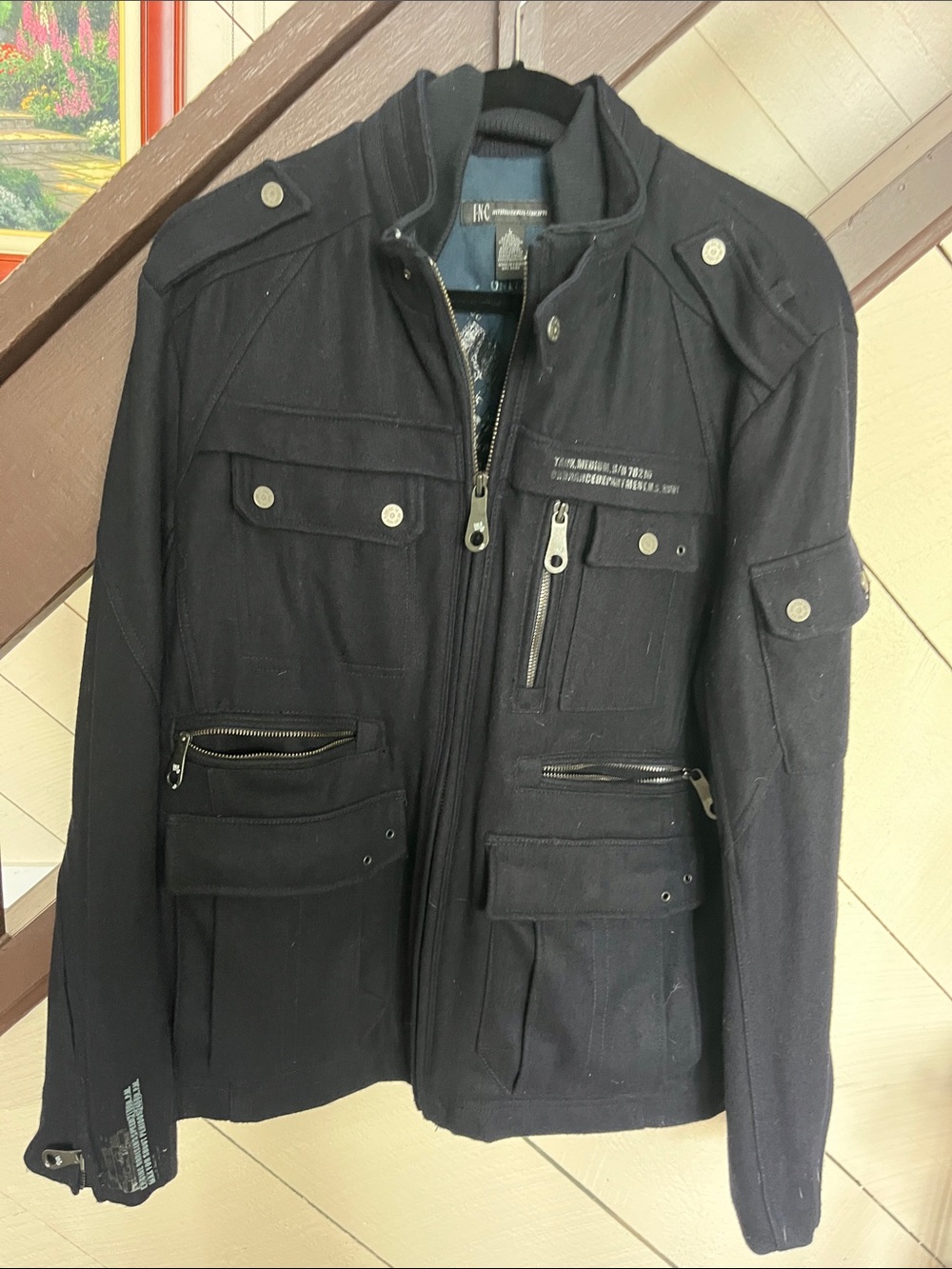 INC International Concepts Black Military Field Jacket with Multi-Pocket Detail